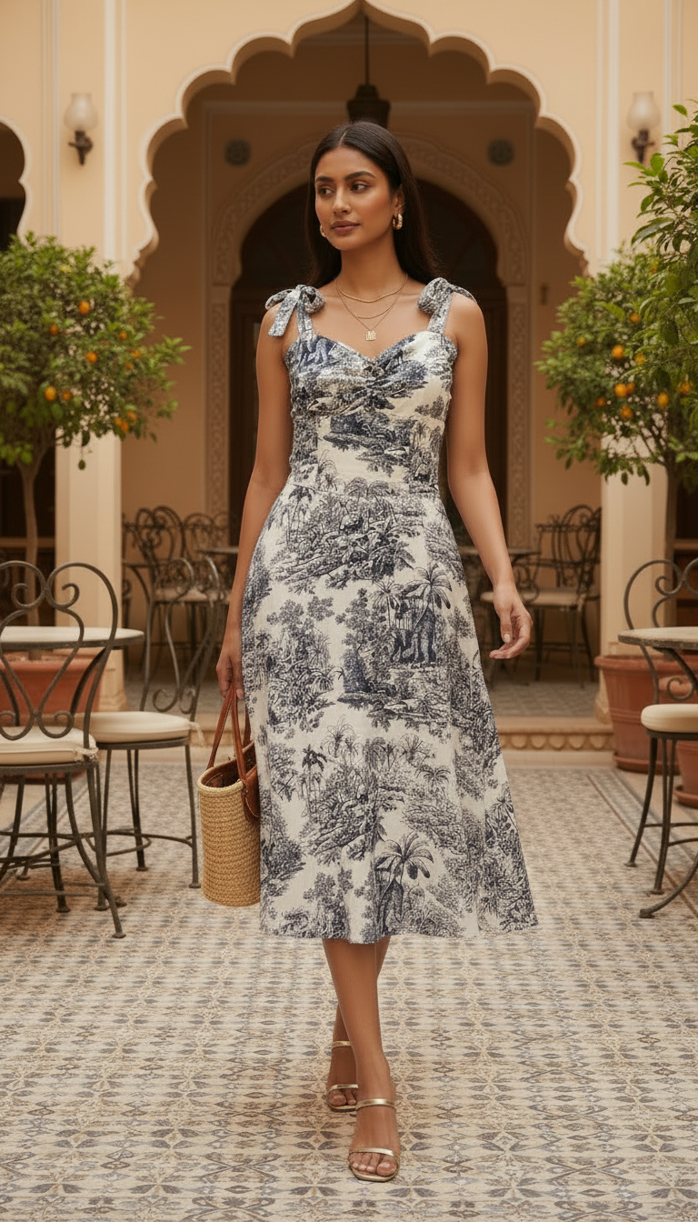 Woman in a floral dress standing in an outdoor setting with arches and plants.
