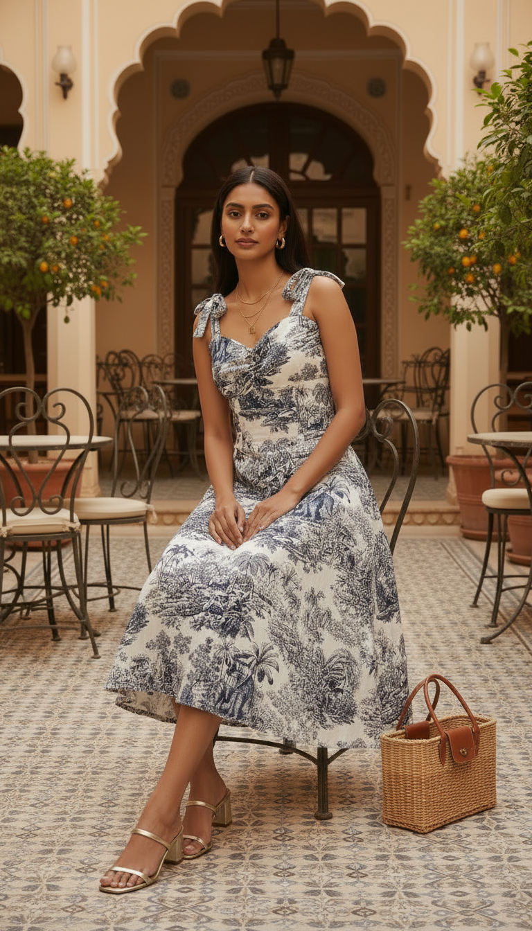 Woman in a floral dress sitting outdoors with a wicker bag.