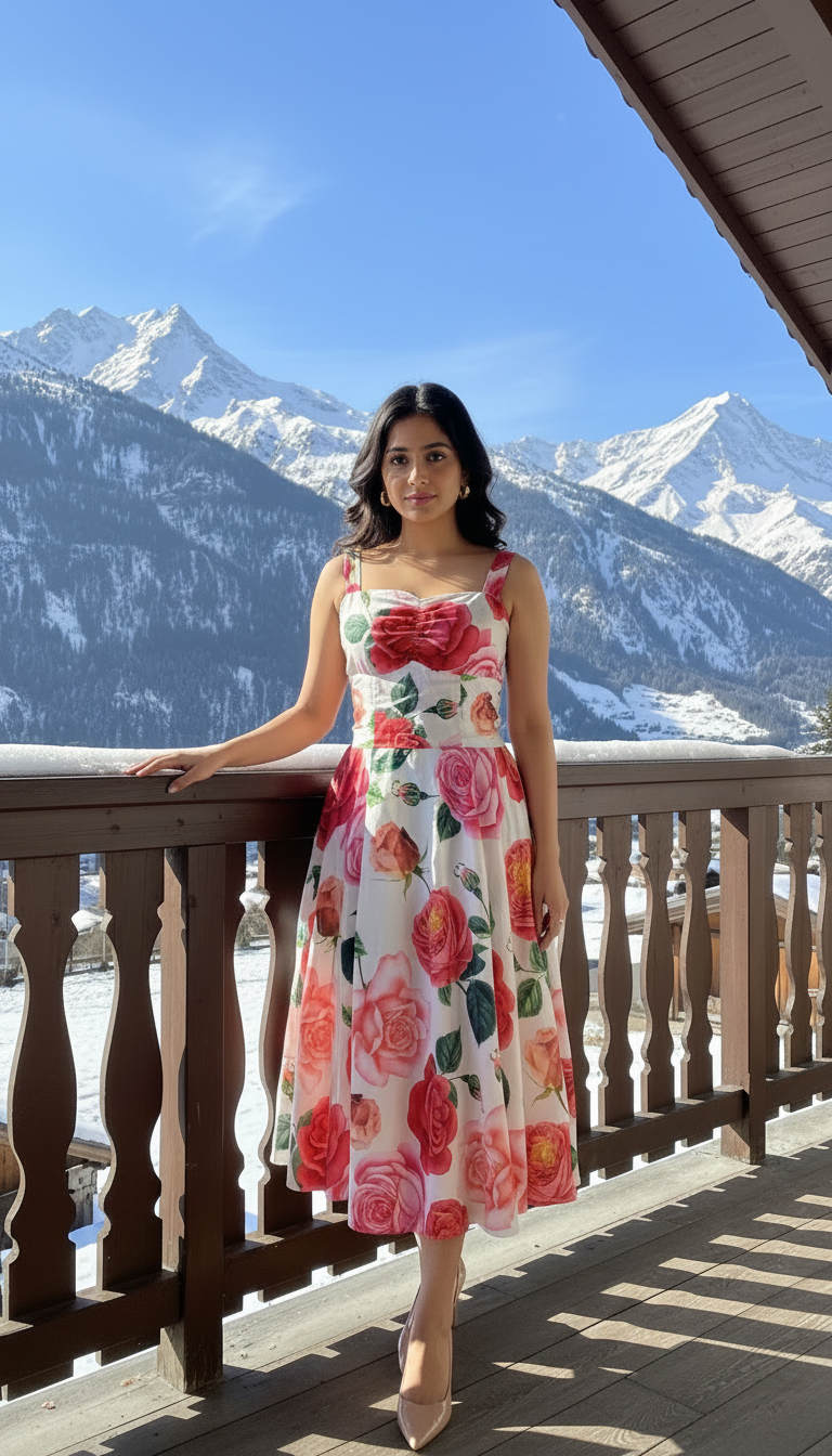 Woman in a floral dress standing on a balcony with snowy mountains in the background