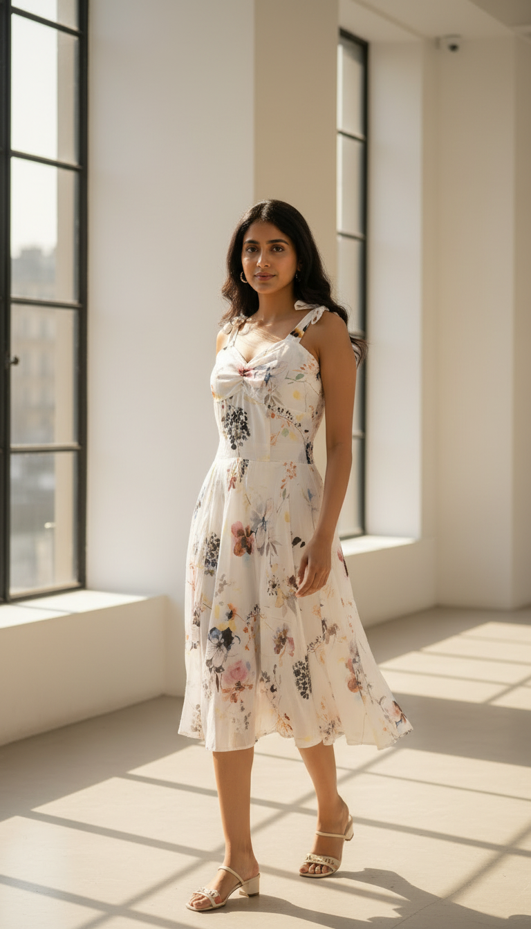Woman in a floral dress standing in a bright room with large windows.