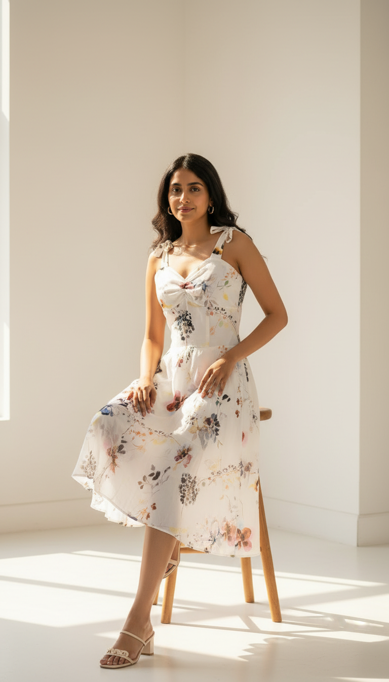 Woman in a floral dress standing in a bright room with sunlight streaming in.