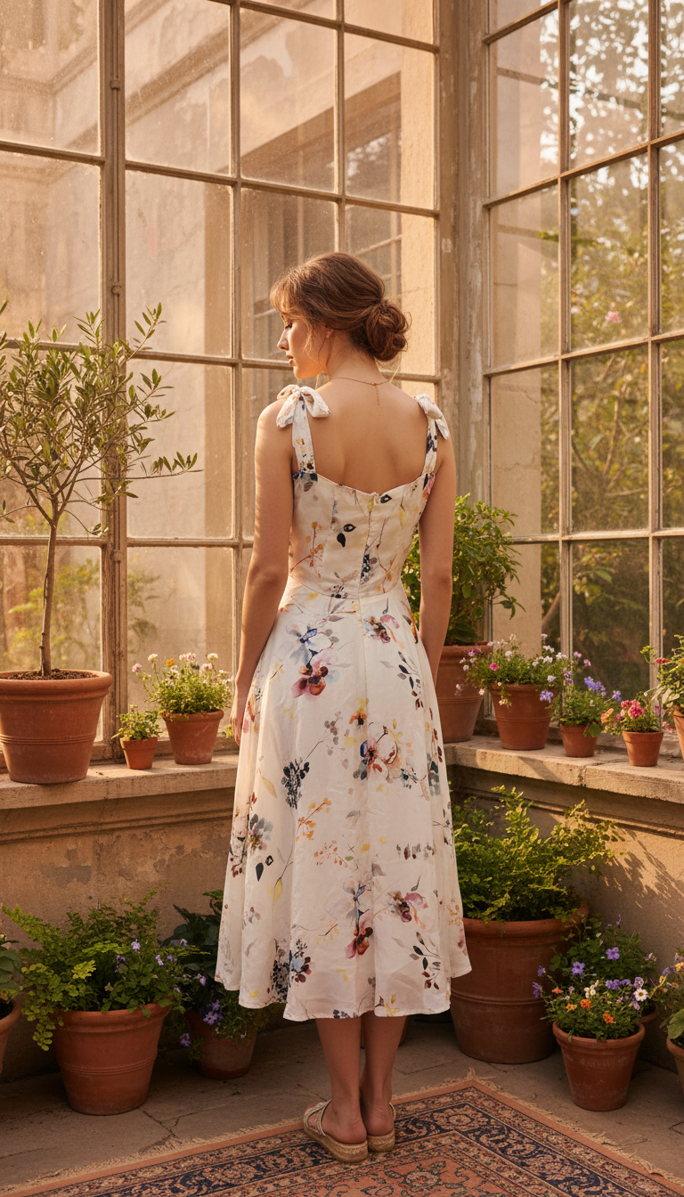 Woman in a floral dress standing in a sunlit room with large windows and potted plants.