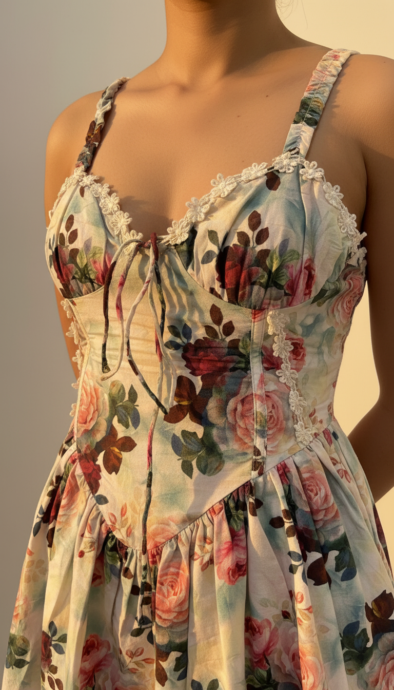 Floral dress with intricate details on a neutral background