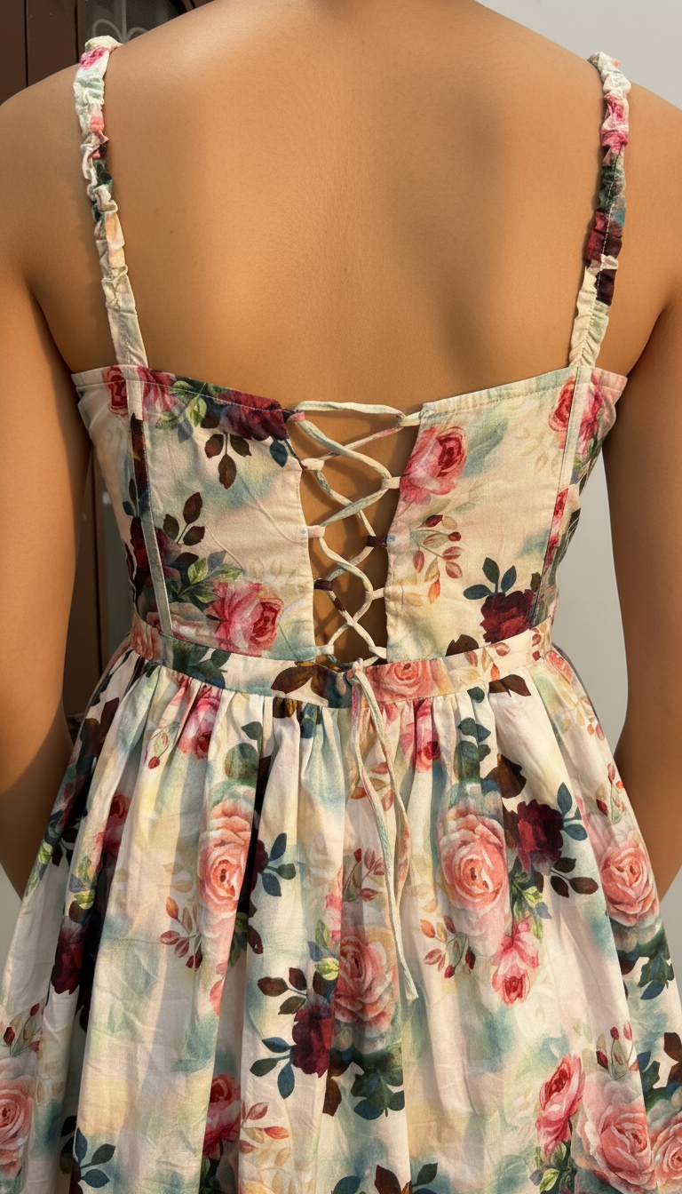 Floral dress with criss-cross back design on a plain background