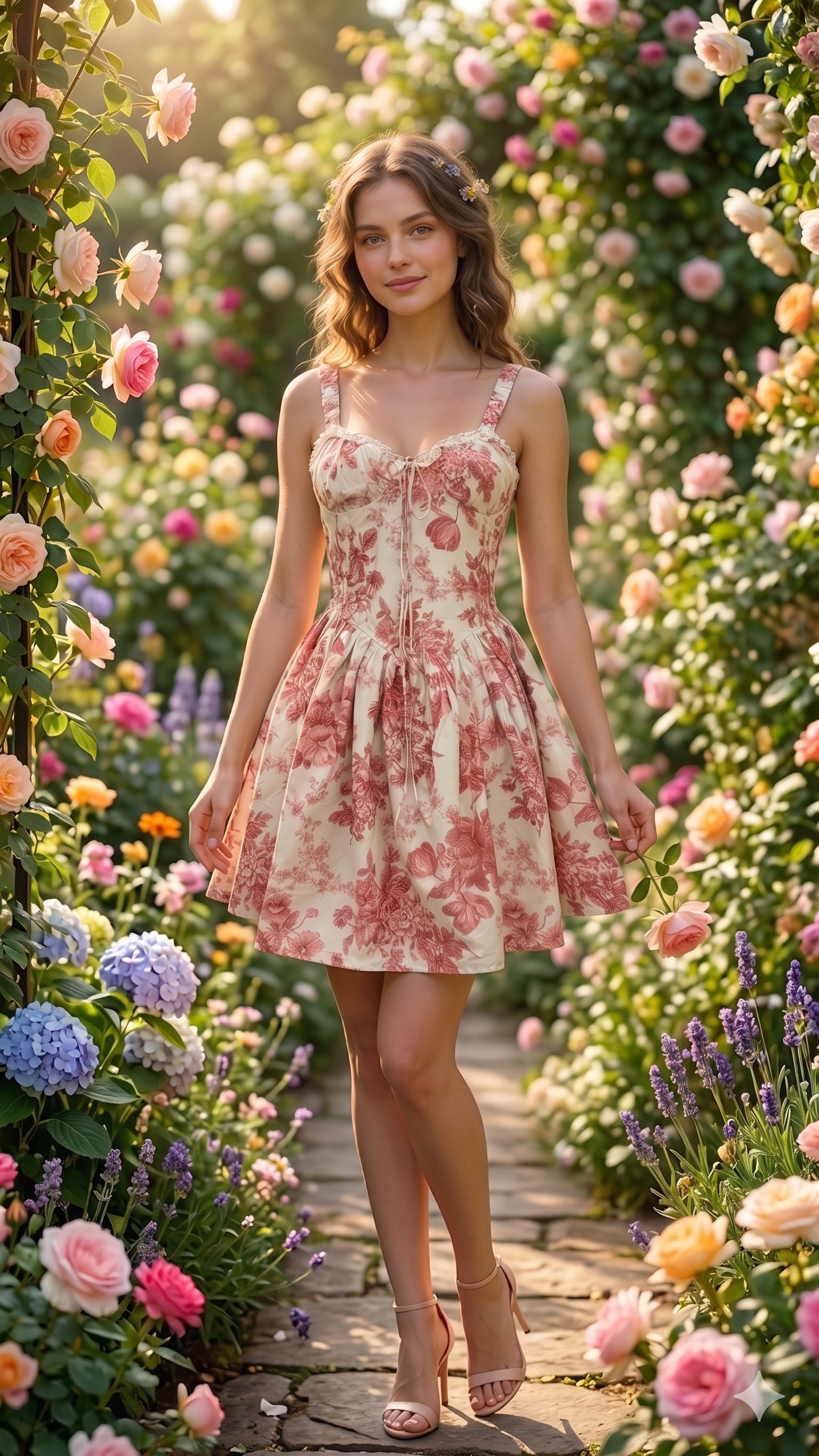 Woman in a floral dress standing in a garden with colorful flowers