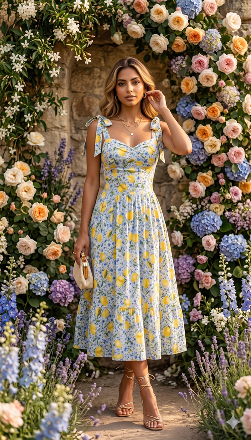 Woman in a floral dress standing in front of a flower wall