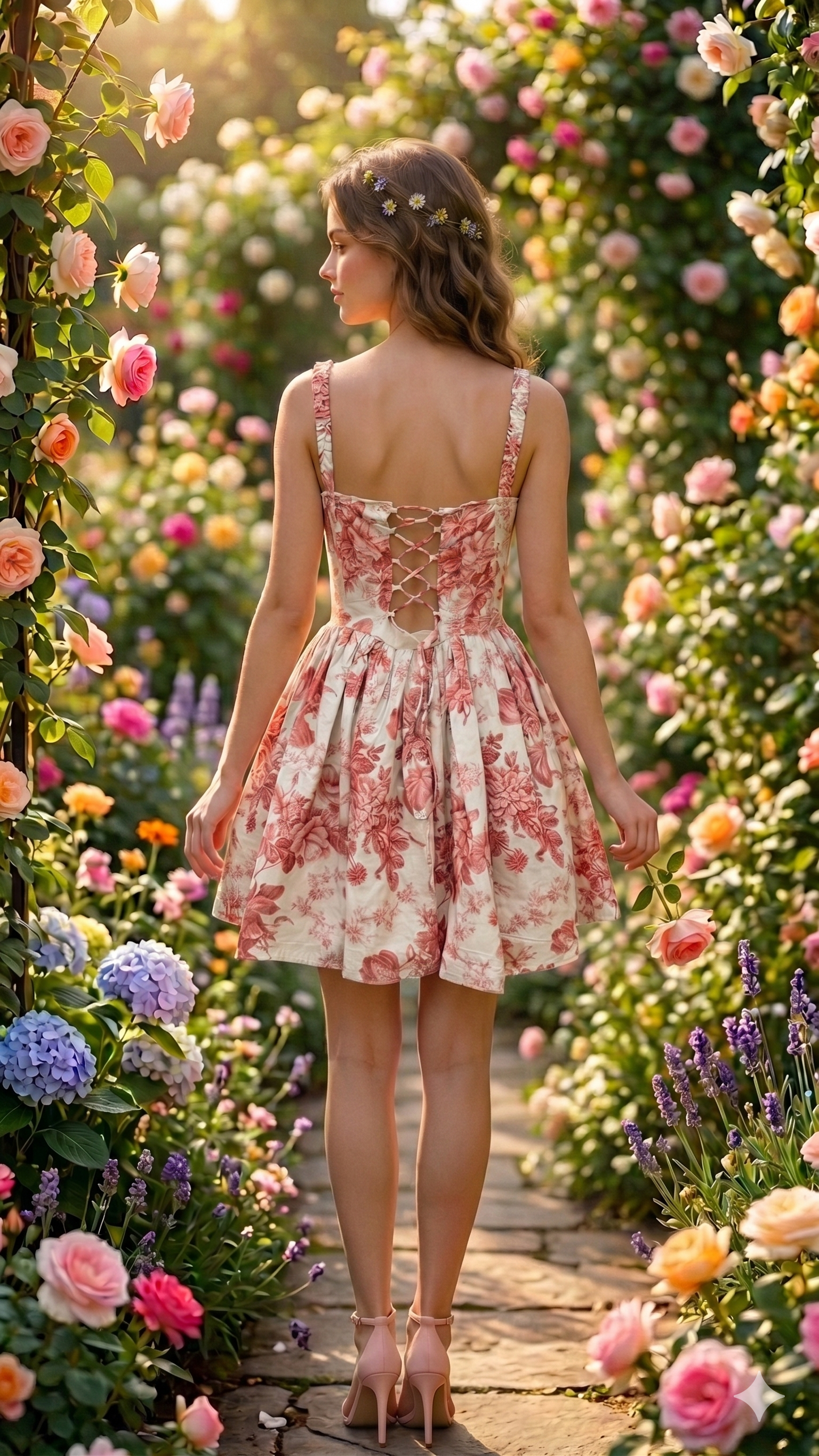 Woman in a floral dress standing in a garden filled with flowers