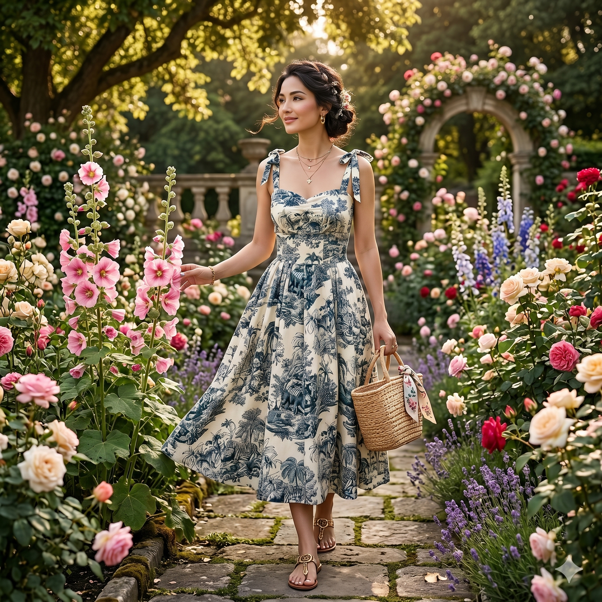 Woman in a floral dress standing in a garden filled with flowers