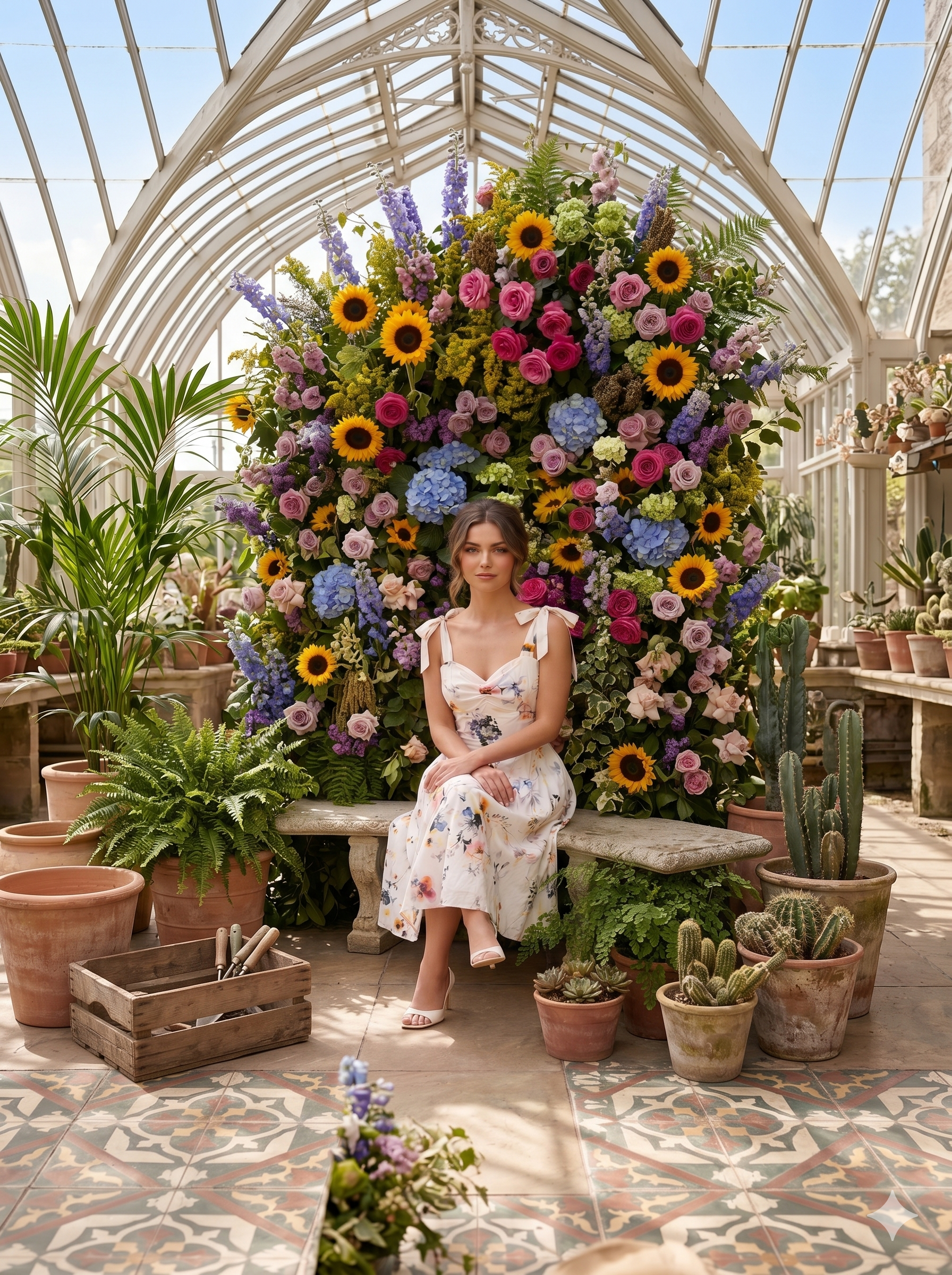 Woman sitting in front of a large floral arrangement in a greenhouse.