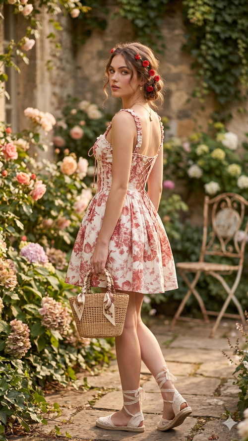 Woman in a floral dress standing in a garden with flowers and a chair in the background