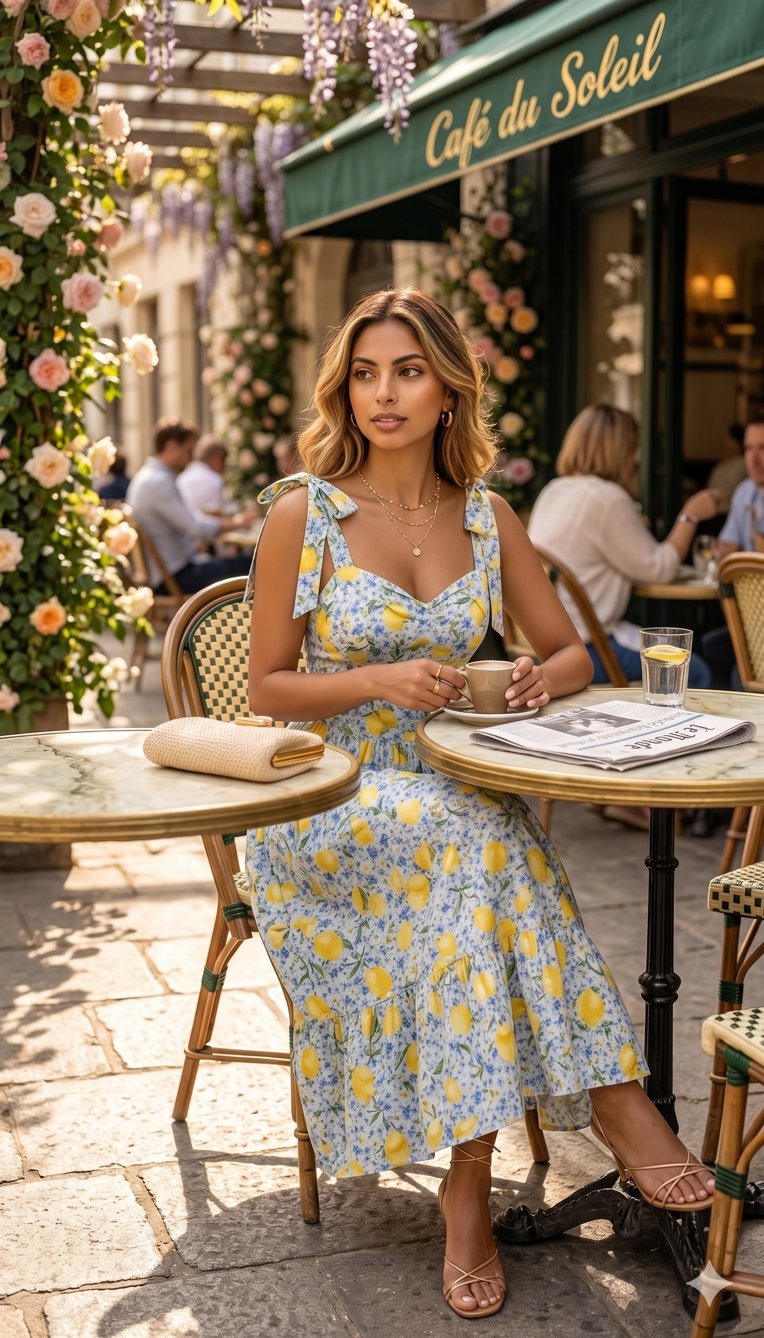 Woman in a floral dress sitting at a cafe table with 'Cafe du Soleil' sign in the background.