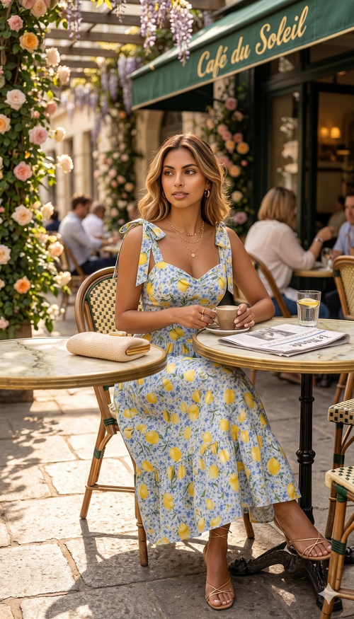 Woman in a floral dress sitting at a cafe table with 'Cafe du Soleil' sign in the background.