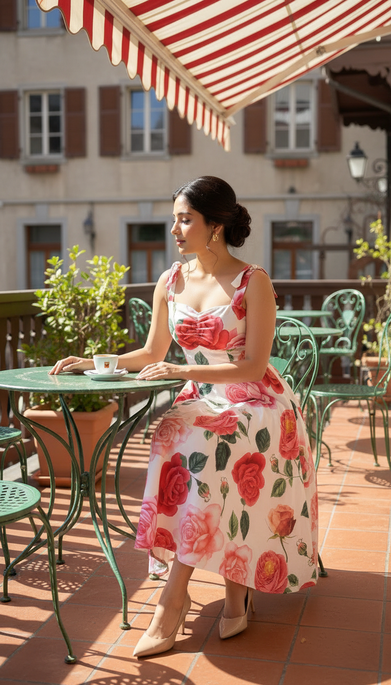 Woman in a floral dress sitting at an outdoor table with a red and white striped awning above.