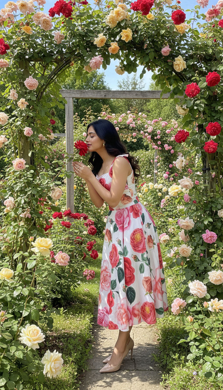 Woman in a floral dress standing under a floral archway in a garden.