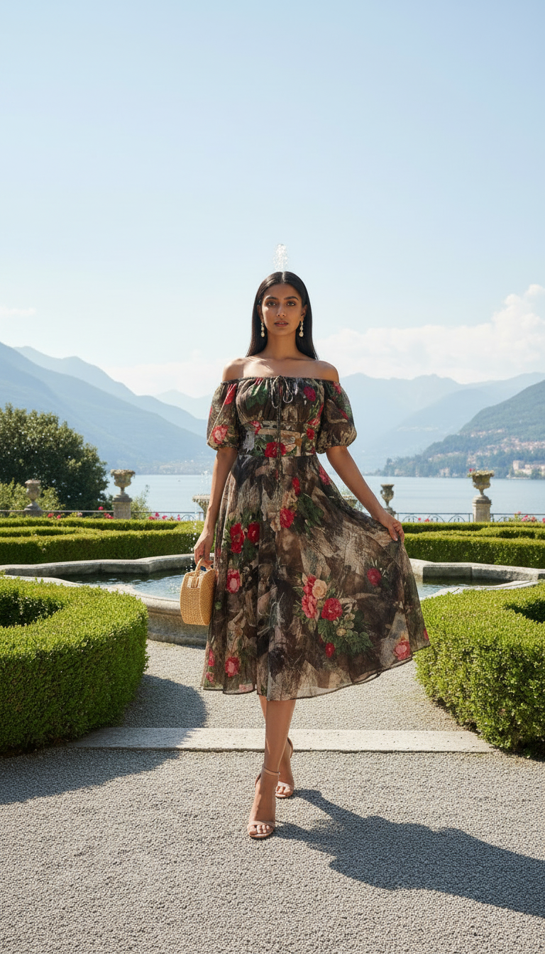 Woman in a floral dress standing in a garden with mountains in the background