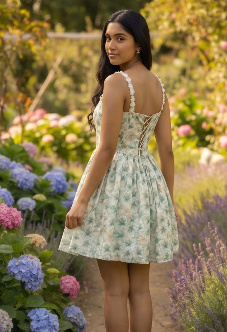Woman in a floral dress standing in a garden with flowers around her