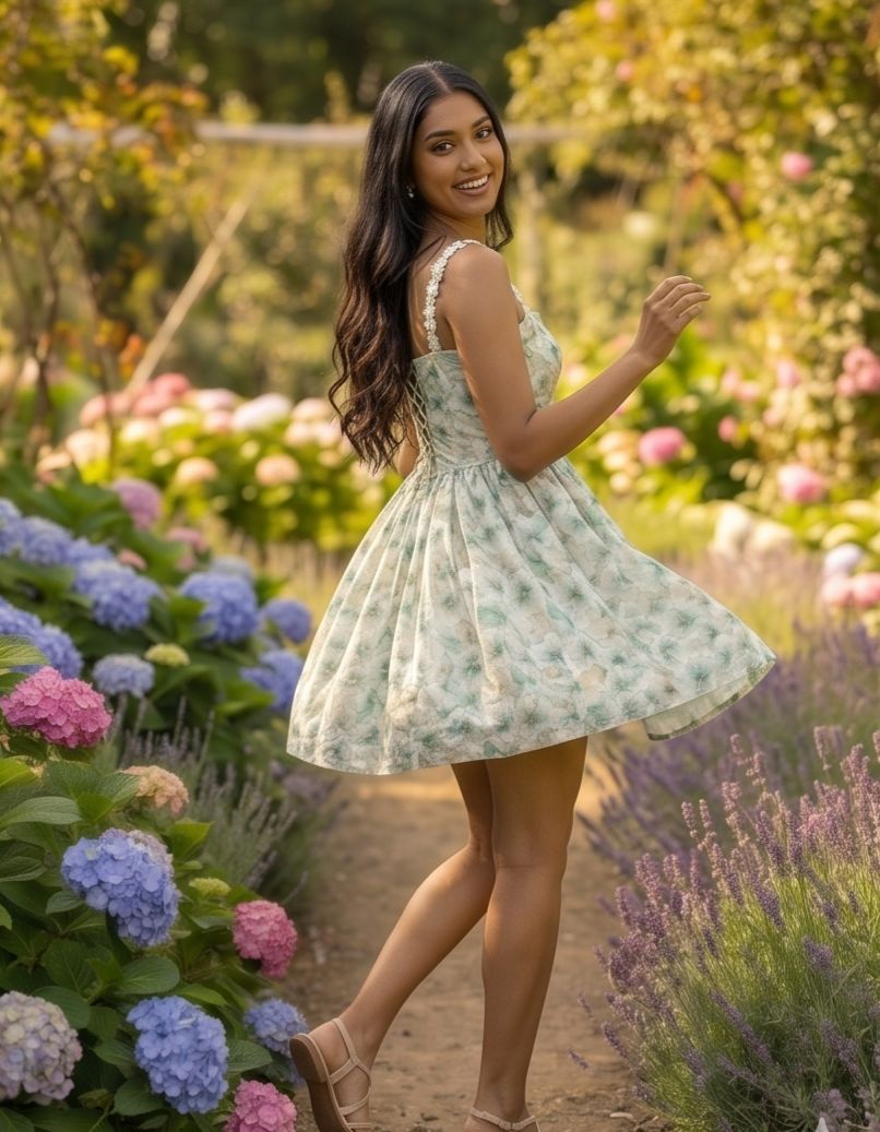 Woman in a floral dress standing in a garden with flowers and trees in the background