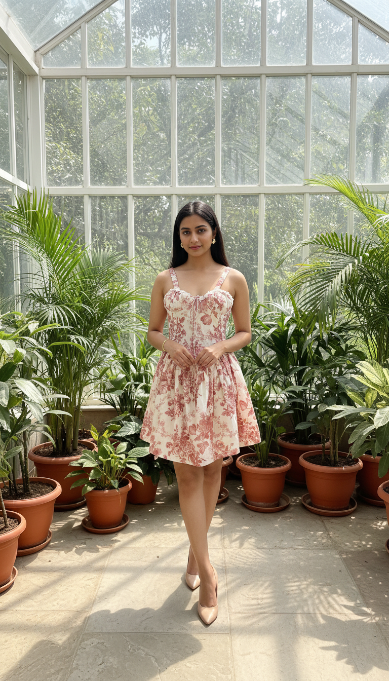Woman in a floral dress standing in a greenhouse filled with plants.