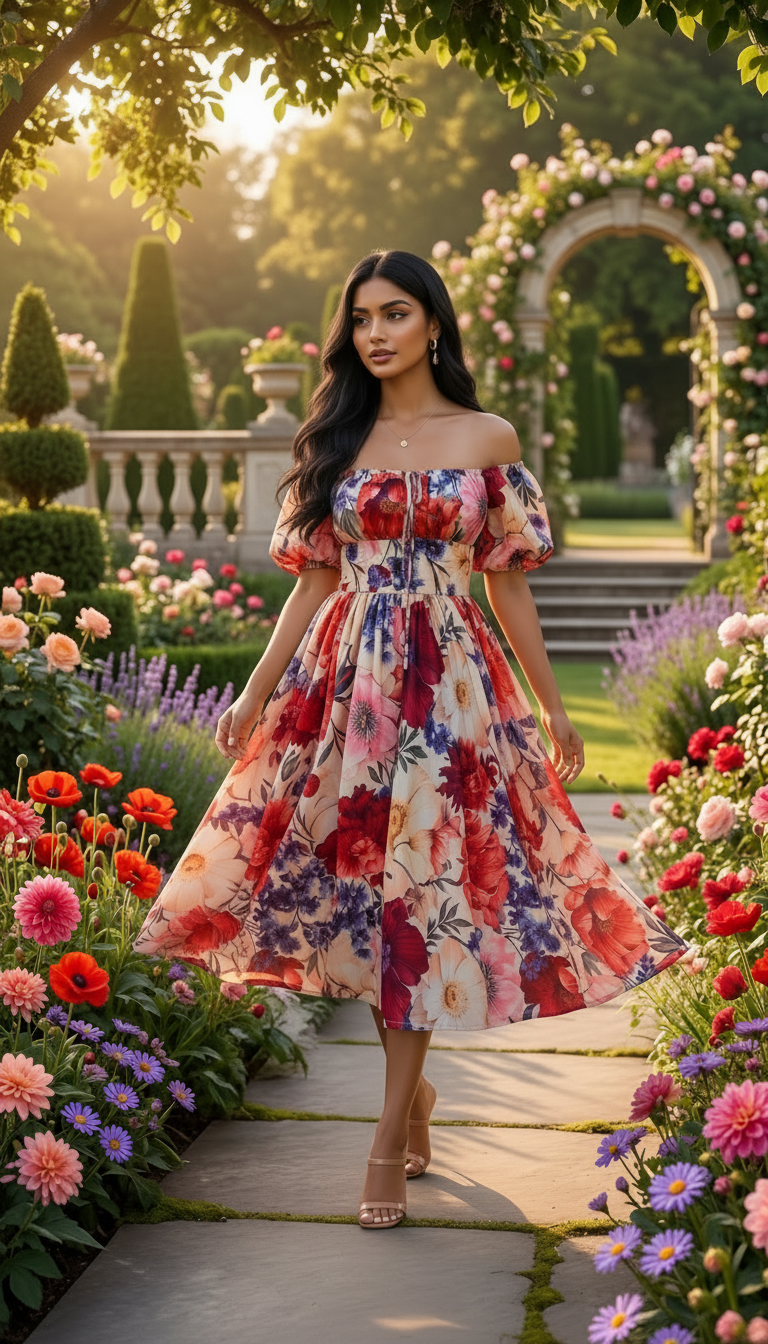 Woman in a floral dress standing in a garden with flowers and a stone archway.