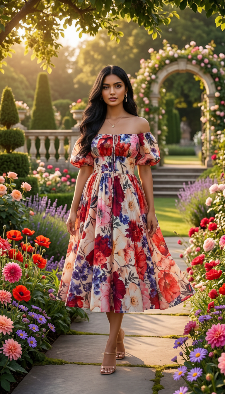 Woman in a floral dress standing in a garden with colorful flowers and a stone archway.